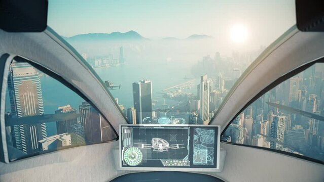 Two autopilot taxi drones flying above big city center at the sunrise. POV cockpit view at Hong Kong city and flying taxi.