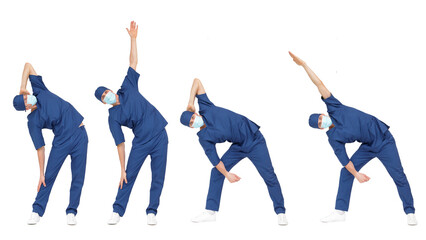 Exercise for medical professionals.Standing medic stretching arm, neck, spine. Front view
