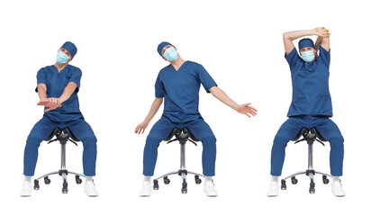 Physical relaxation.Professional medical male,stretching arms, back,neck sitting on mobile saddle -...