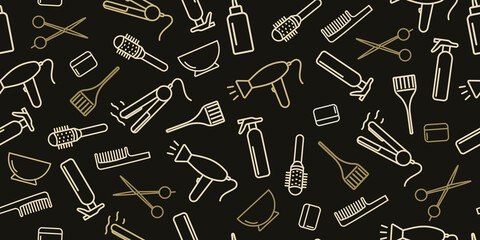 Professional equipment for hairdressing salon. Hair stylist tools horizontal seamless vector pattern. Linear icons haircut, hair coloring. Golden outline on a black background. For printing, banners