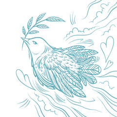 White dove with olive branch flying in the sky. Vector illustration. International Day of Peace concept, symbol of love and freedom