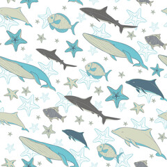 Vector seamless sea life pattern with starfishes, sea fishes, dolphin, sharks and whales. Pastel colors and cartoon design. Without background.