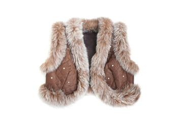 Fur vest isolated on white background. Brown short vest with natural fur trim. front view.