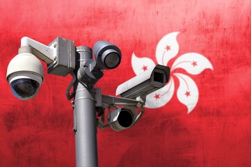 Closed circuit camera Multi-angle CCTV system against the background of the national flag of Hong...