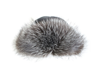 Fur Hat isolated on white background. Grey female winter hat with fur and leather. front view.