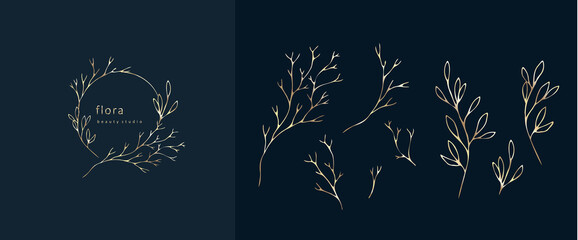 Set of inimal feminine botanical floral branch and logo. Hand drawn wedding herb, homeplant with elegant leaves. Botanical rustic trendy greenery vector