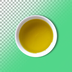 Top up view olive oil on white bowl isolated with transparent background.