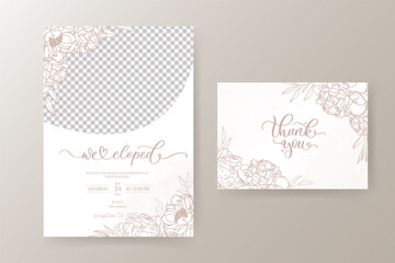 Elegant flower and leaf in line on wedding invitation card template with plase for text.