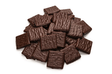 Dark chocolate candies isolated on white background.