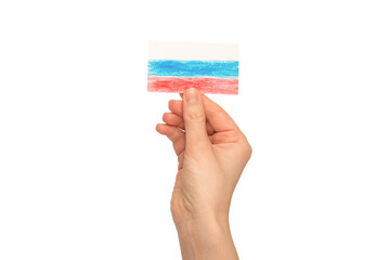 Russia flag in woman hands isolated on a white background.