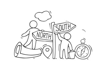 Vector illustration of two businessmen using compass for navigation and orientation in business. Strategy concept flat style design.