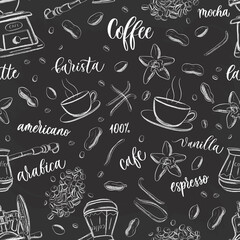 Coffee seamless pattern in vintage hand drawn doodle style with different objects on coffee theme.