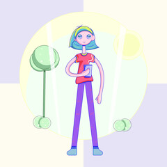 Vector colorful girl, young woman, female, kid walking outside, outdoors with a cup of coffee, tea on summer, spring, sunny day. Background includes tree, bushes, sun, sunny rays and colored squares.