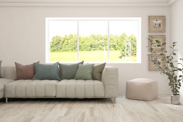 White living room with sofa and summer landscape in window. Scandinavian interior design. 3D illustration