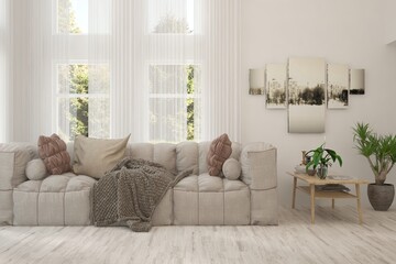 White living room with sofa and summer landscape in window. Scandinavian interior design. 3D illustration