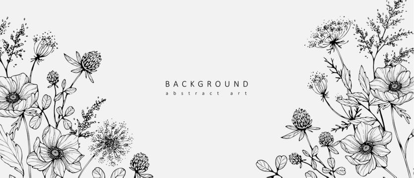 Luxury botanical background with trendy wildflowers and minimalist flowers for wall decoration or wedding. Hand drawn line herb, elegant leaves for invitation save the date card. Botanical rustic