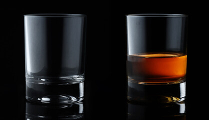 Set of alcoholic beverages. Scotch whiskey in elegant glass on black background.
