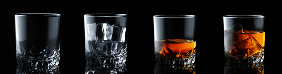 Set of alcoholic beverages. Scotch whiskey in elegant glass with ice cubes on black background.
