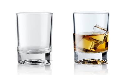 Set of alcoholic beverages. Scotch whiskey in elegant glass with ice cubes on white background.