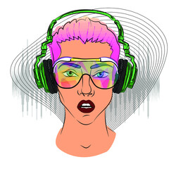 Portrait of a girl in headphones. Illustration for an avatar or for a print on a T-shirt. - 495249410