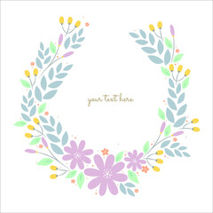 flowers set Beautiful wreath.  blue, pink leaves and flowers hand drawn watercolor. 