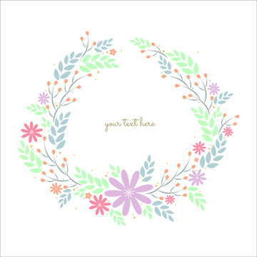 flowers set Beautiful wreath.  blue, pink leaves and flowers hand drawn watercolor. 