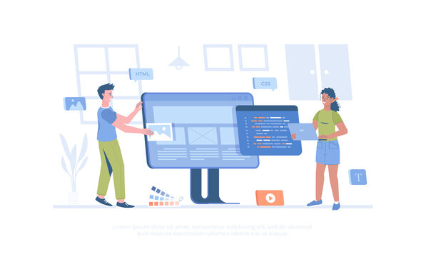 Front end development. Website interface, front end developer, web page design, user experience. Cartoon modern flat vector illustration for banner, website design, landing page.