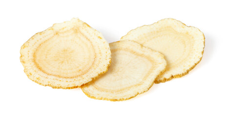 Close up of ginseng slices isolated on white background.