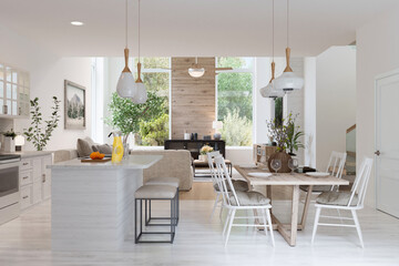 White minimalist house interior with bright furniture and summer landscape in window. Scandinavian interior design. 3D illustration