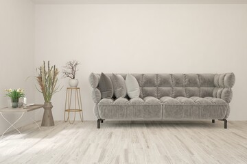 White living room with sofa. Scandinavian interior design. 3D illustration