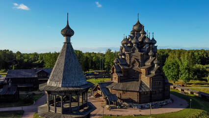 Flight over the Intercession Church in the ethno park Bogoslovka estate.