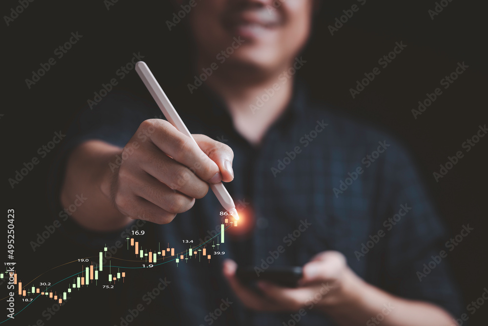 Poster businessman writing stock market graph chart for trader analysis technical statistic for buy and sel