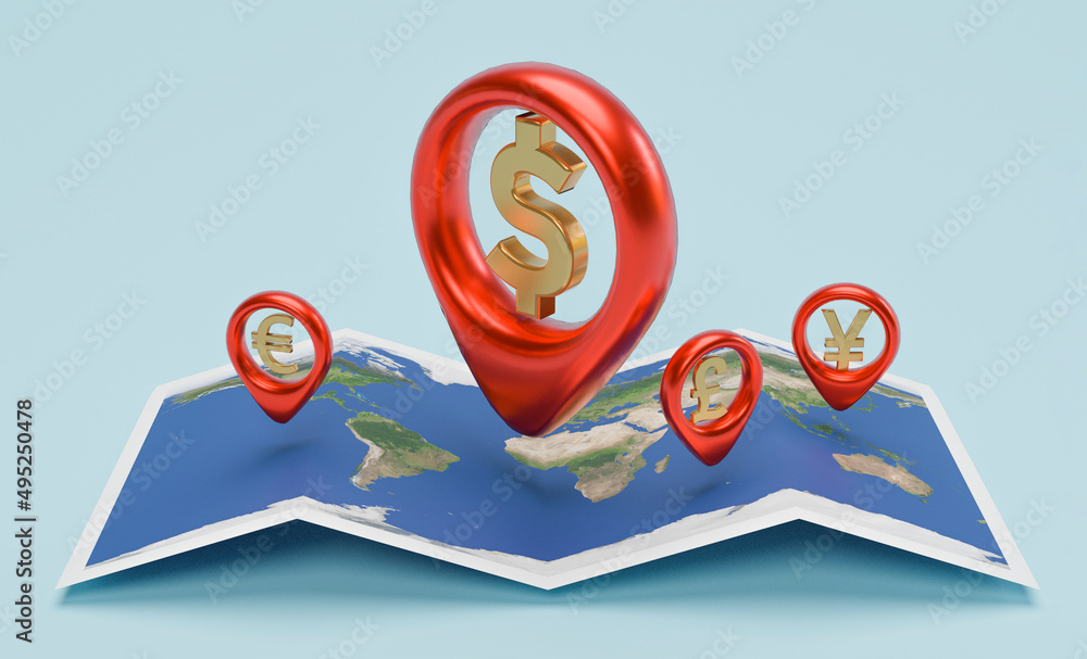 Poster currency sign inside red locator on navigator with world map for money transfer and forex exchange c