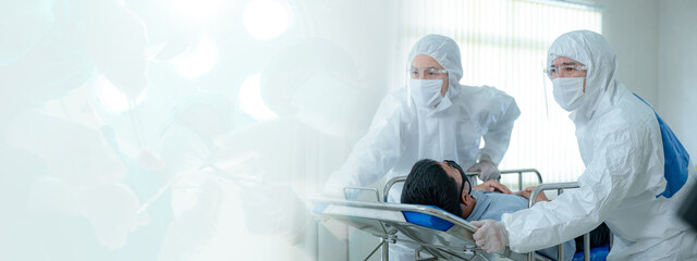 banner background of professional surgical doctor team are working in hospital operation room,...