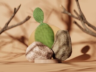 3d minimal display podium with stones and cactus on beige floor and wall. 3d rendering of realistic presentation for product advertising. 3d minimal illustration. selective focus.