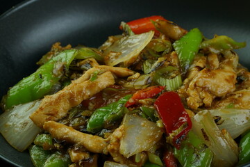 Roast with chicken, mushrooms, broccoli and peppers - Chinese food. top view. far eastern food