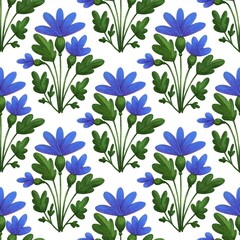 seamless damask pattern with blue hand drawn flowers isolated on white background
