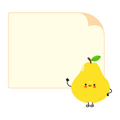 Cute funny pear character with speech bubble. Vector hand drawn cartoon kawaii character illustration icon. Isolated on white background. Pear character concept