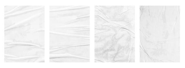 Blank white crumpled and creased paper poster texture set isolated on white background
