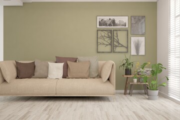 Green living room with sofa. Scandinavian interior design. 3D illustration