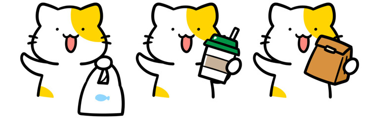 色々なものをテイクアウトするかわいいねこのキャラクターの手書き風イラストセット