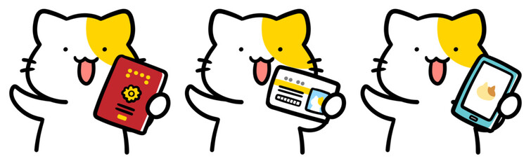 身分証明証を提示するかわいいねこのキャラクターの手書き風イラスト