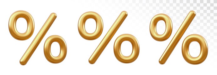 Percentage symbol. Set of Golden percent sign isolated on transparent background. Percentage, discount concept. Realistic 3D vector illustration.