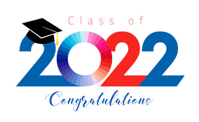 Class of 2022 year educational congrats. Class off happy holiday, invitating card. Red, blue and white colours, creative zero sign. Isolated abstract graphic design template. Digits 2022 logo concept.