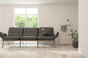White living room with sofa and summer landscape in window. Scandinavian interior design. 3D illustration