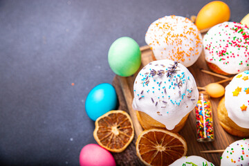 Easter cake and easter eggs sweet dessert holiday easter treat meal food snack on the table copy space food background