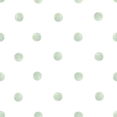 Watercolor seamless pattern green polka dots. Isolated on white background. Hand drawn clipart. Perfect for card, postcard, tags, invitation, printing, wrapping.