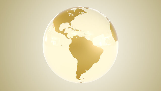 Globe with gold continents and glass ocean isolated on white background, 3D render