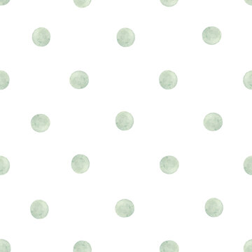 Watercolor seamless pattern green polka dots. Isolated on white background. Hand drawn clipart. Perfect for card, postcard, tags, invitation, printing, wrapping.