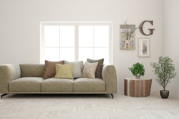 White living room with sofa. Scandinavian interior design. 3D illustration